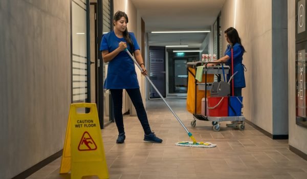 Cleaner mops the floor while the other prepares the detergents